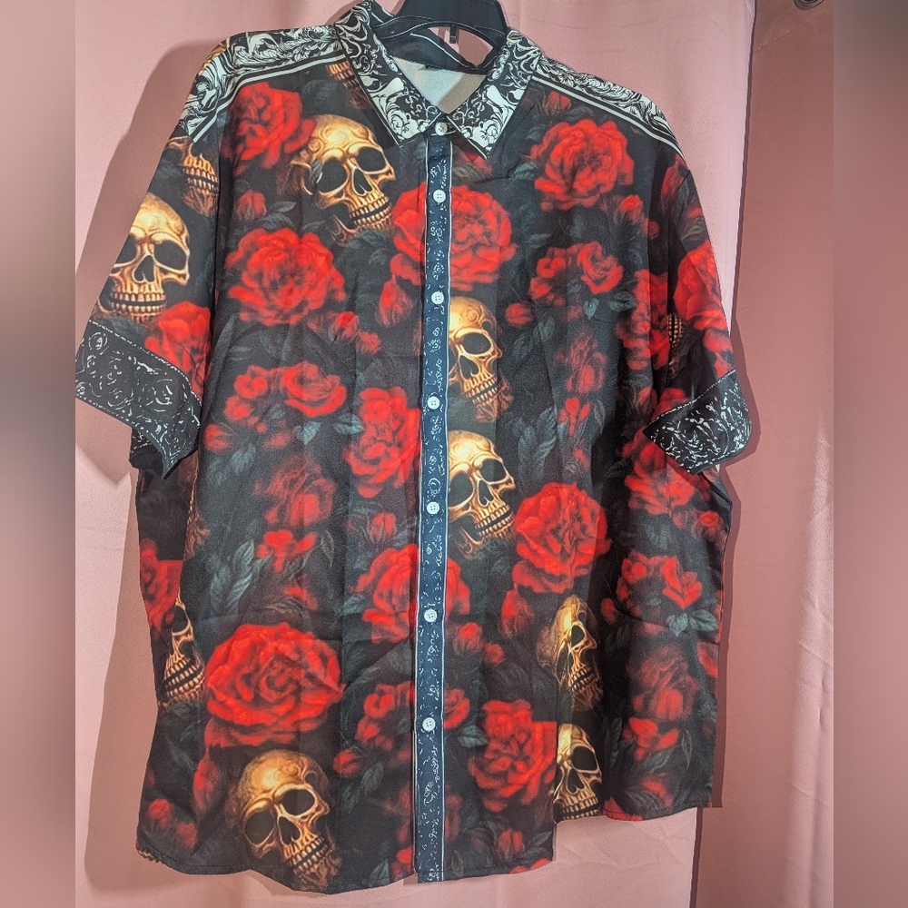 Skull & Roses Collared Button Down 2XL (Runs Small) - Picture 3 of 10
